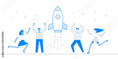 Team celebrates a successful rocket launch with cheers and excitement