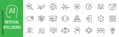 Artificial intelligence outline icon set featuring AI brain, neural network, chatbot, microchip, cloud computing, data analytics, editable stroke modern vector.