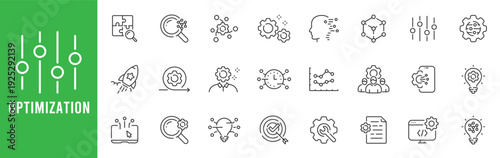 Optimization outline icon set showing tuning sliders, analytics, target, speed, automation, process improvement, performance metrics, editable stroke line icons vector.