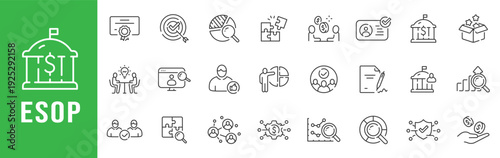 ESOP outline icon set for employee stock ownership plan, equity incentives, vesting, compliance, investment analytics, approvals, editable stroke line vector.