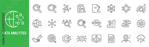 Data analytics outline icons for search, SEO, AI, dashboards, charts, optimization, cloud, reporting, editable stroke line set for business insights.