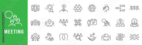 Meeting outline icons for teamwork collaboration, webinar videocall, agenda planning, networking, handshake, chat communication, editable stroke line set vector modern