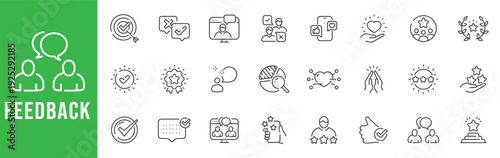Feedback outline icon set for customer reviews, rating stars, surveys, chat messages, satisfaction approval, editable stroke line vector ui design
