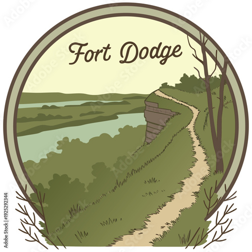 Fort Dodge Hiking Trail and River Valley Circular Illustration