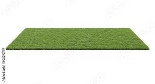 Rectangular patch of green artificial grass on a white background, viewed from a low angle
