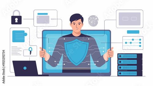 Man holding shield on computer screen surrounded by security icons representing cybersecurity protection system flat vector illustration