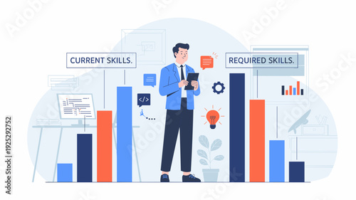 Business professional analyzing current skills and required skills comparison with bar charts in office environment flat vector illustration 
