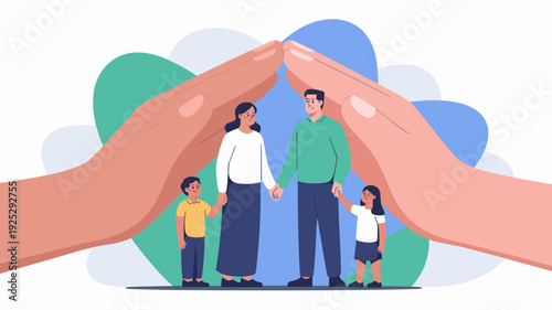 Parents and two children standing together under protective hands symbolizing family security and support, Concept of insurance, protection and parental care.