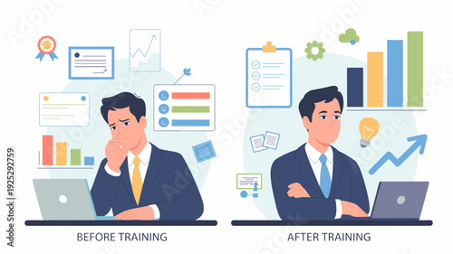 Businessman before and after training showing performance improvement with charts and growth indicators flat vector illustration 