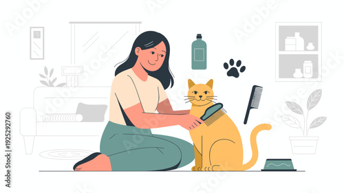 woman sitting on floor brushing her cat with grooming brush in modern living room flat vector illustration 
