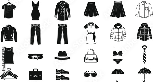 Black vector silhouette set of twenty four diverse apparel items including jackets dresses skirts trousers hats bags and footwear for fashion retail and clothing brandin