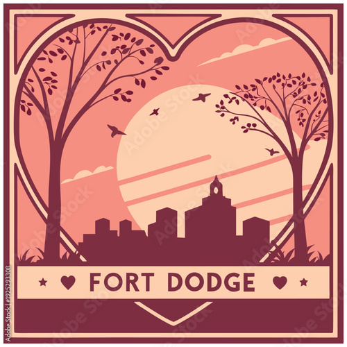 Fort Dodge City Skyline Silhouette at Sunset in Heart