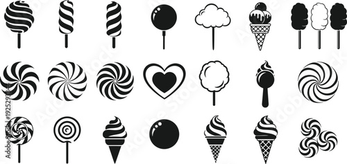 Black vector silhouette set of twenty one diverse sweets including swirl lollipops ice cream cones cotton candy and sugar treats for confectionery branding and advertising