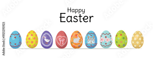 Happy Easter greeting card with colorful easter eggs. Vector illustration. Easter banner. Colorful eggs lined up on a white background. Happy Easter.