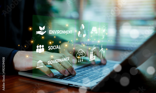 Canvastavla ESG sustainability business concept with digital interface showing Environment, Social, and Governance icons on laptop screen