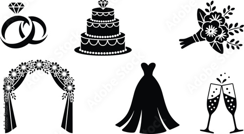 Black vector silhouette set of wedding icons featuring rings a tiered cake flower bouquet floral arch bridal dress and champagne glasses for marriage branding