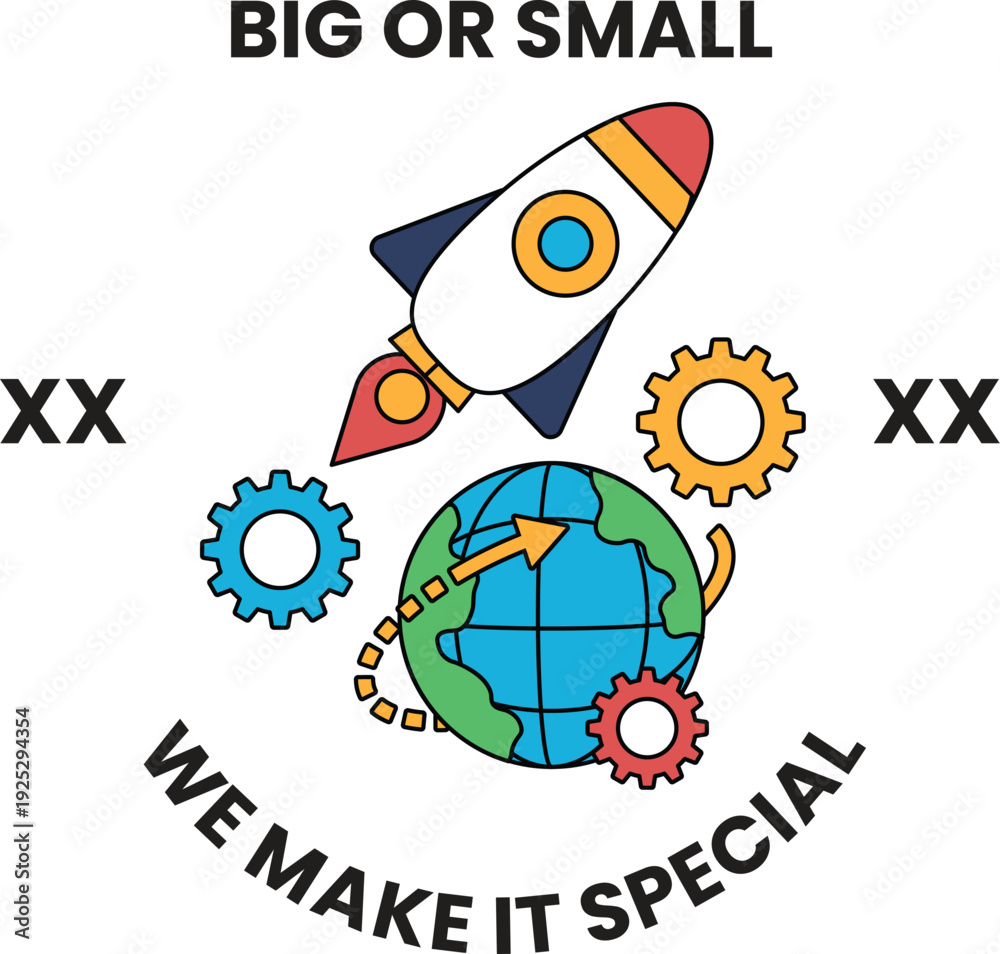 Fototapeta premium A rocket is flying through the sky with a globe and gears below it