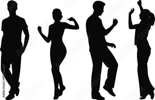 Black vector silhouette set of young men and women dancing and standing in various active poses for party celebration lifestyle and social event branding