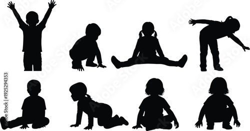 Black vector silhouette set of young children and toddlers in various active poses including sitting crawling playing and standing for childcare and parenting branding