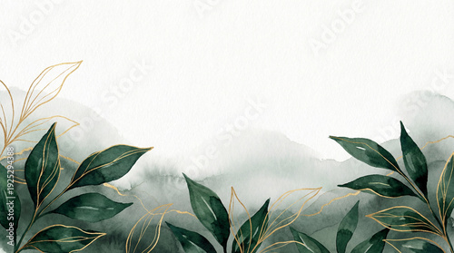 Luxury Green Watercolor Botanical Background with Gold Line Art
