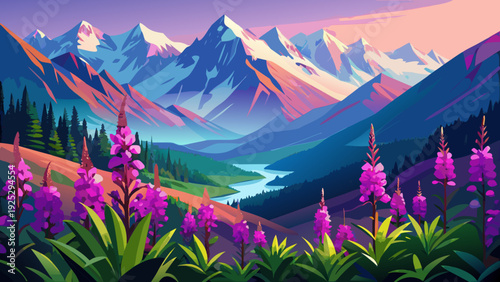 Very beautiful close-up purple fireweed blossoms brightening Alaska’s vast valleys beneath towering glacial peaks.

