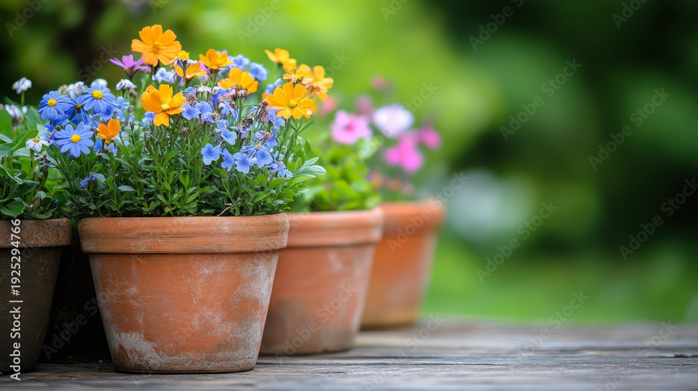 Fototapeta premium Potted flowers, plants and herbs in garden, balcony or roof