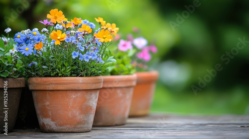 Potted flowers, plants and herbs in garden, balcony or roof