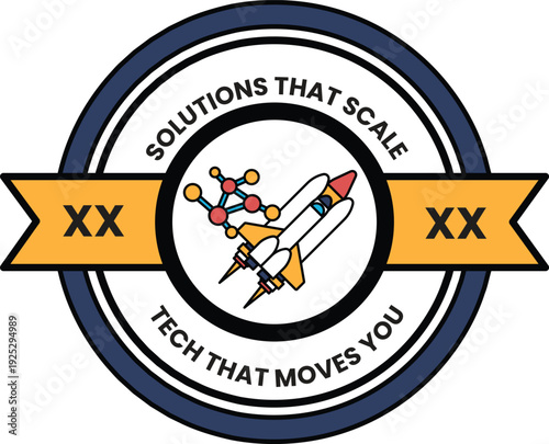 A round badge with a rocket on it