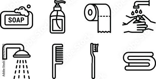 Icon bundle for bathroom essentials soap hand soap toilet paper washing hands shower toothbrush toothbrushes and soap dish