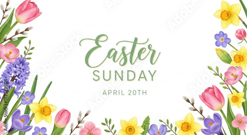 Easter sunday floral border with colorful flowers and text on white background for holiday greeting