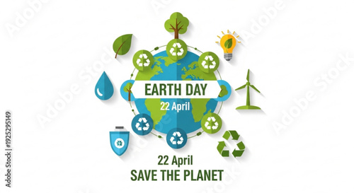Earth day illustration with eco friendly symbols and globe on white background