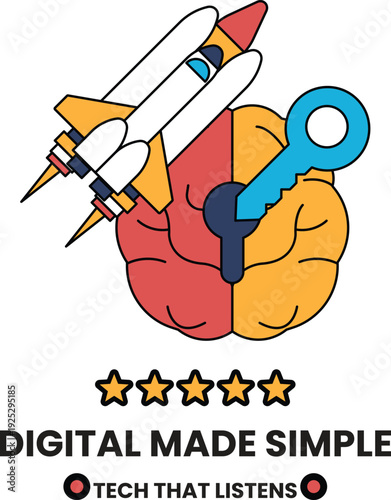 A rocket is flying in the sky and a key is on the head of a brain