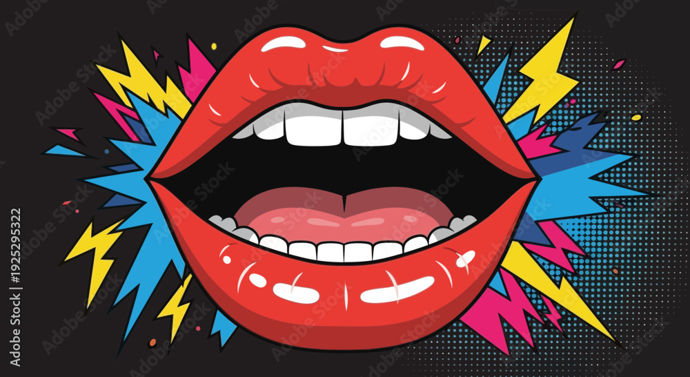custom made wallpaper toronto digitalopen mouth illustration, red lips, pop art style, black background