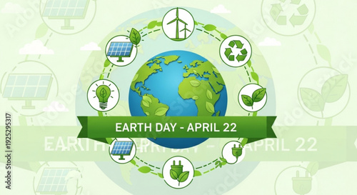 Earth day april 22nd eco friendly globe with green ribbon and icons of renewable energy and recycling