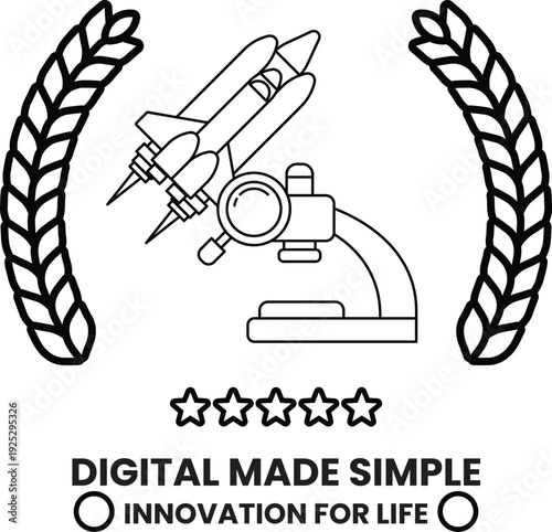 A black and white image of a rocket and a microscope