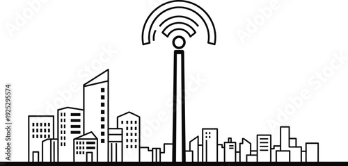 Icon bundle cityscape with wi fi signal tower for connectivity and technology concepts