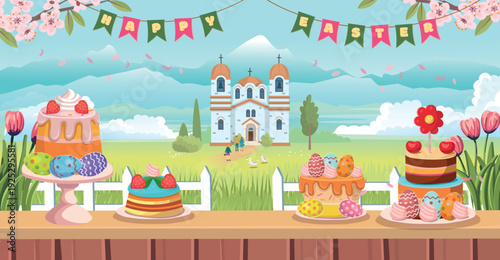 Easter cake and eggs on the background of the church. Vector illustration. Easter cake on the table. Easter banner with a cherry blossoms. Colored eggs lie hidden in the grass. Happy Easter.