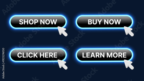 Glowing Neon Blue 3D Web Button Set with Cursor. Shop Now Buy Now Click Here Learn More UI UX Action Buttons