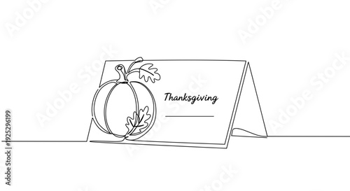 Line drawing of a Thanksgiving place card featuring a pumpkin design on a transparent background