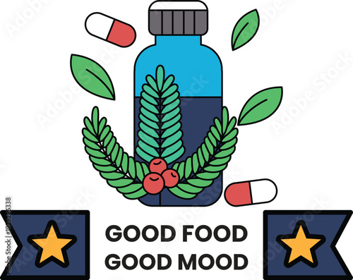 A bottle of medicine with a leafy green plant on top of it