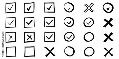 Collection of checkmarks x marks and empty boxes in black and white