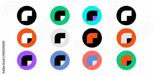 Collection of colorful circular designs with inward facing square shapes