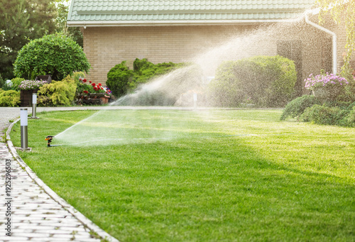 Green lawn under drops of water for irrigation. Watering system for lawn, garden maintenance, garden care,