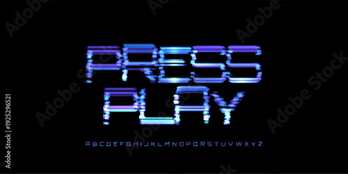 Press Play Digital Noice Font Logo Alphabet Vector Glitch Letters Set Modern Typography, Creative Typographic Design for Play Button, Game UI Headline, Display Fonts. Vector Typeface