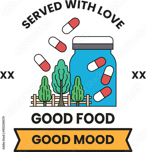 A jar of pills with a tree and a fence in the background