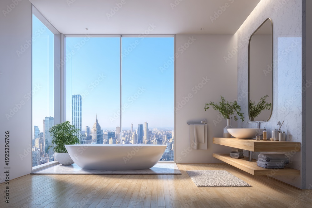 Fototapeta premium Luxurious modern bathroom features an oval soaking tub overlooking a vast metropolitan skyline