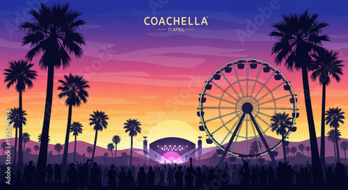 Coachella music festival scene with ferris wheel and palm trees at sunset