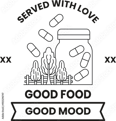 A white background with a black and white image of a jar of pills and a tree