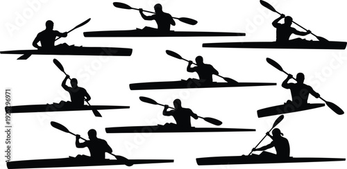 Kayaking silhouette collection, canoe paddling action poses, water sports athlete movement, outdoor adventure concept, black and white vector illustration set
