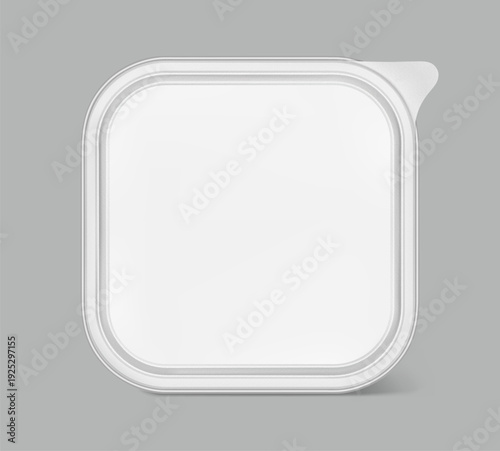 Realistic square aluminium foil tray with lid mockup. Vector illustration isolated on grey background. Flat lay view. Can be use for food, wet food, pate and etc. Ready for your design. EPS10.